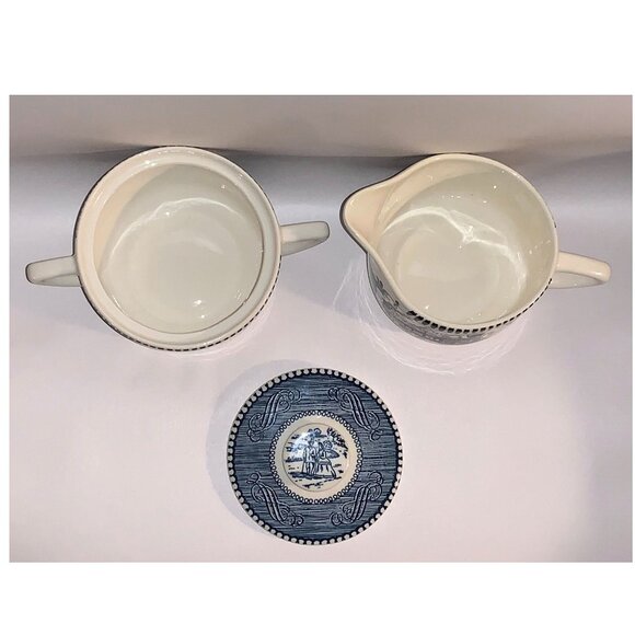Currier & Ives Sugar Bowl & Creamer Set ~ Blue & White ~ Train Steamboat - Picture 3 of 8